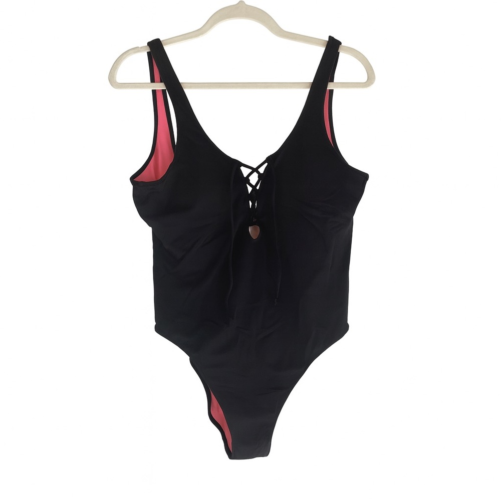 Victoria’s Secret PINK Black One-Piece Swimsuit Medium Lace-Up Front